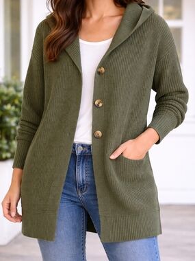 Halara Women’s Medium Olive Green Hooded Button Front Long Cardigan
